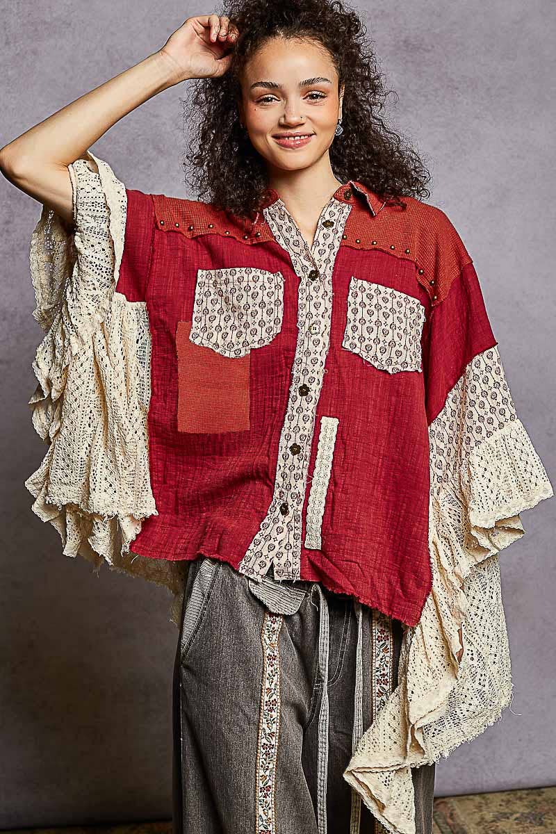 3/4 sleeve double gauze lace crochet patch ruffle woven top