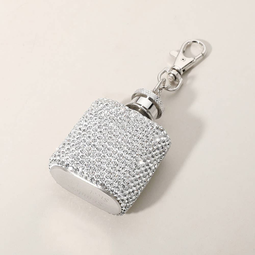 1oz Bling Studded Stainless Steel Mini Flask Keychain Charm