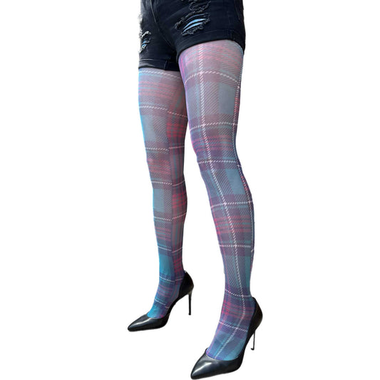 Teal plaid patterned opaque tights for women