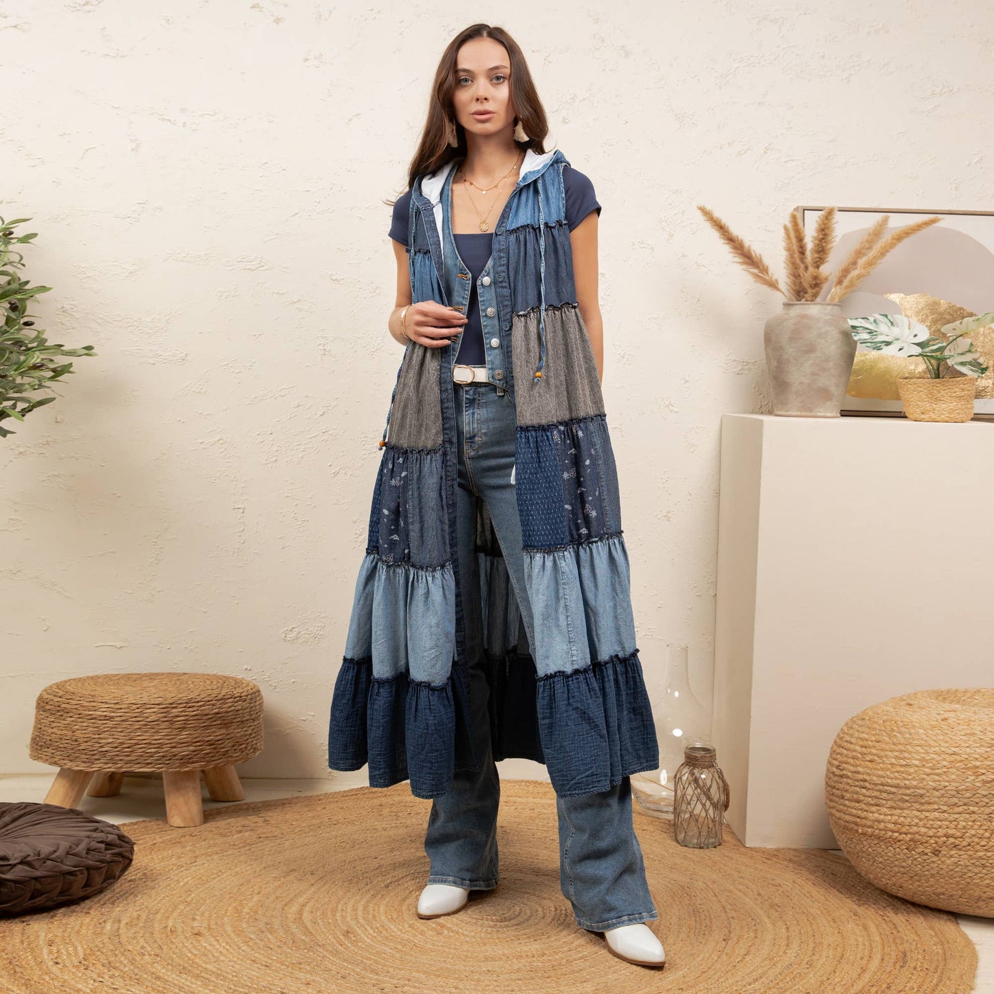 Boho Sleeveless Maxi Button-Front Duster With Hood NEW COLOR