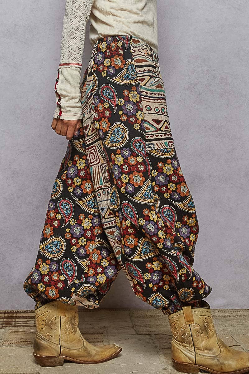 Jacquard contrast color elastic finish knit pants