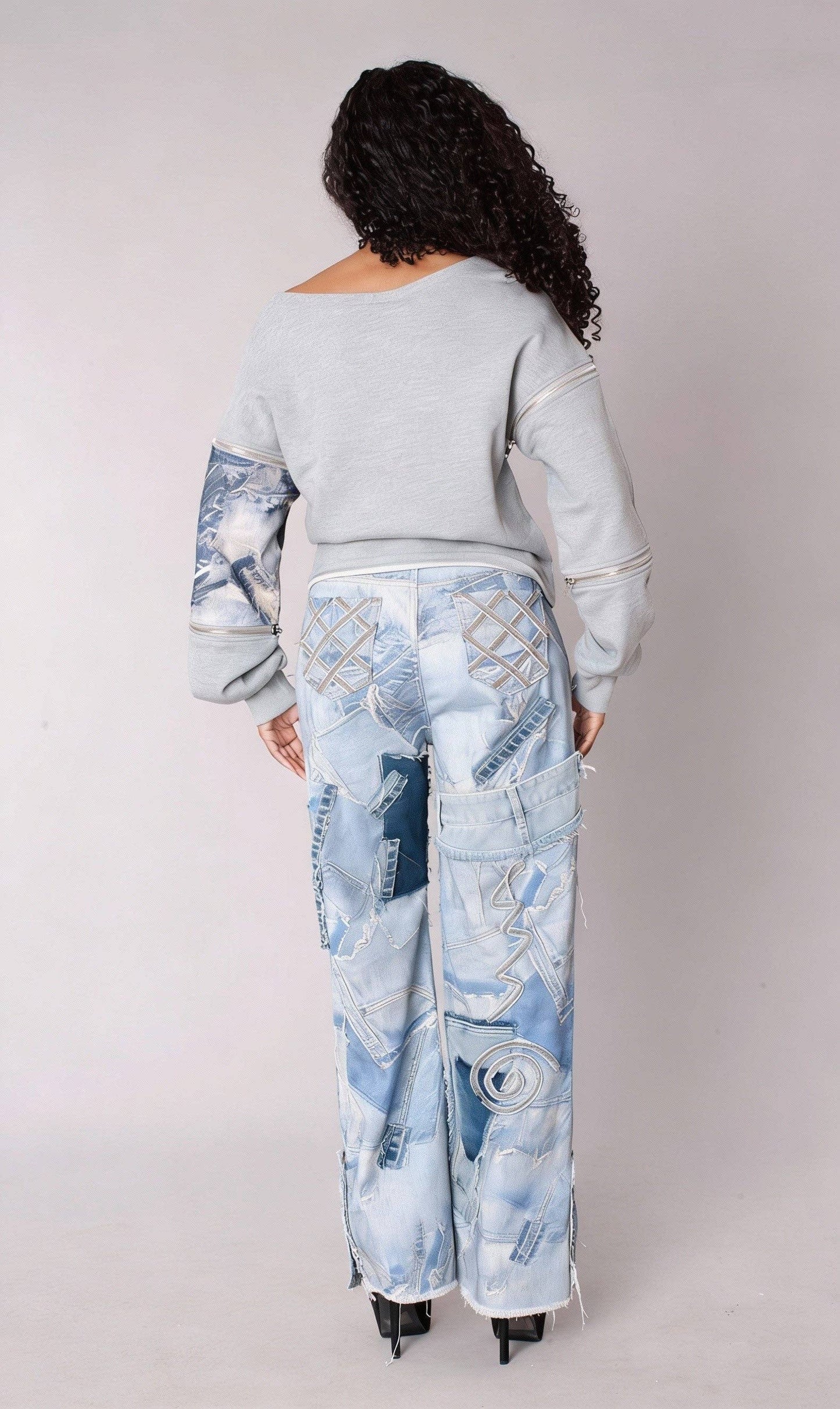 Patchwork Distressed Straight-Leg Denim Jeans