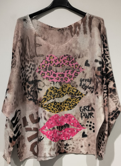Beige Lips V-Neck Knit Printed Sweater LOOWIE