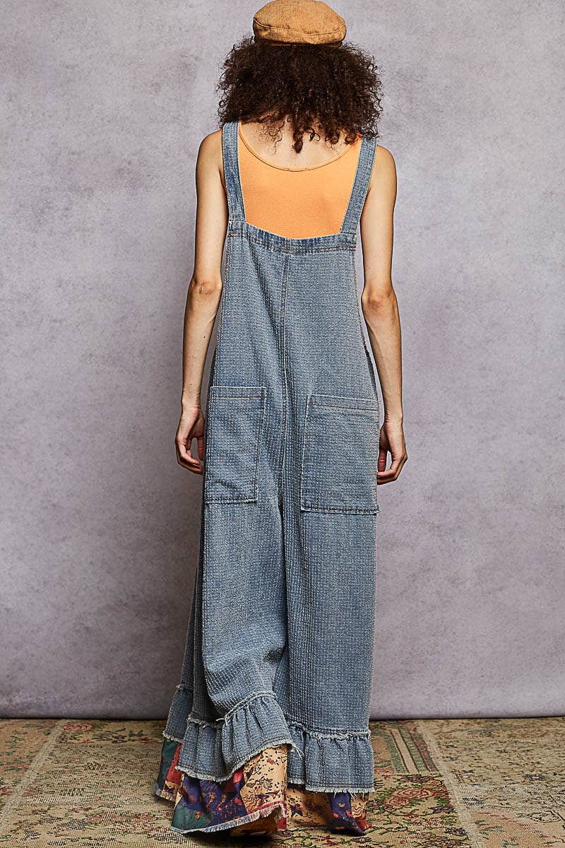 Sleeveless Textured Denim Contrast Ruffle Woven Overalls