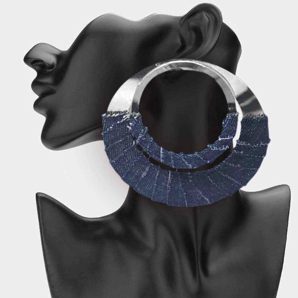 Oversized Frayed Denim Fabric Wrapped Layered Hoop Statement Earrings