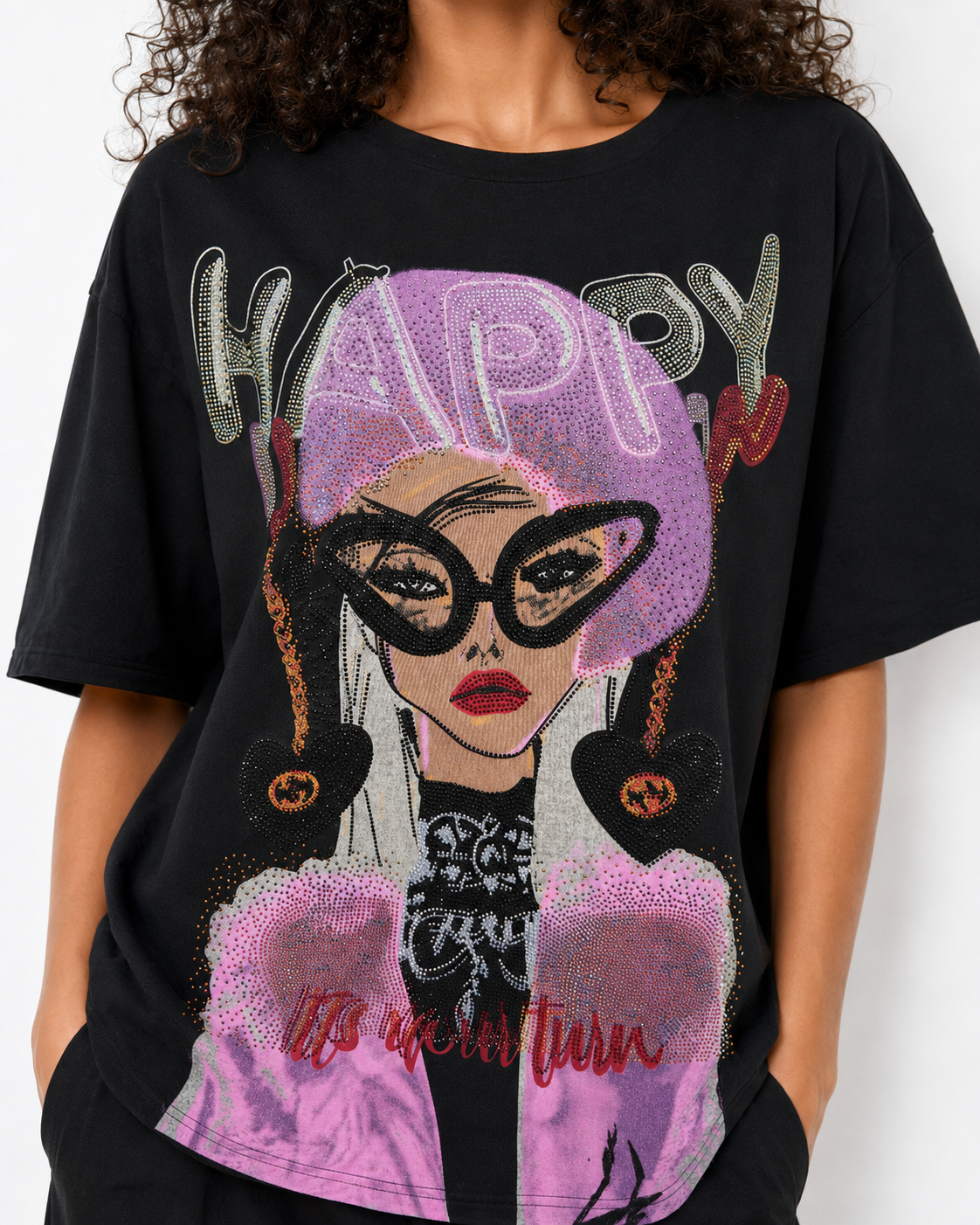 TL0005 HAPPY GLAM RHINESTONE T- SHIRT TOP (BLK, WHT)