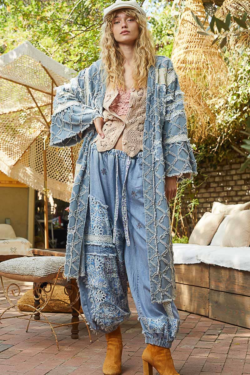 Flared sleeve lace denim cardigan