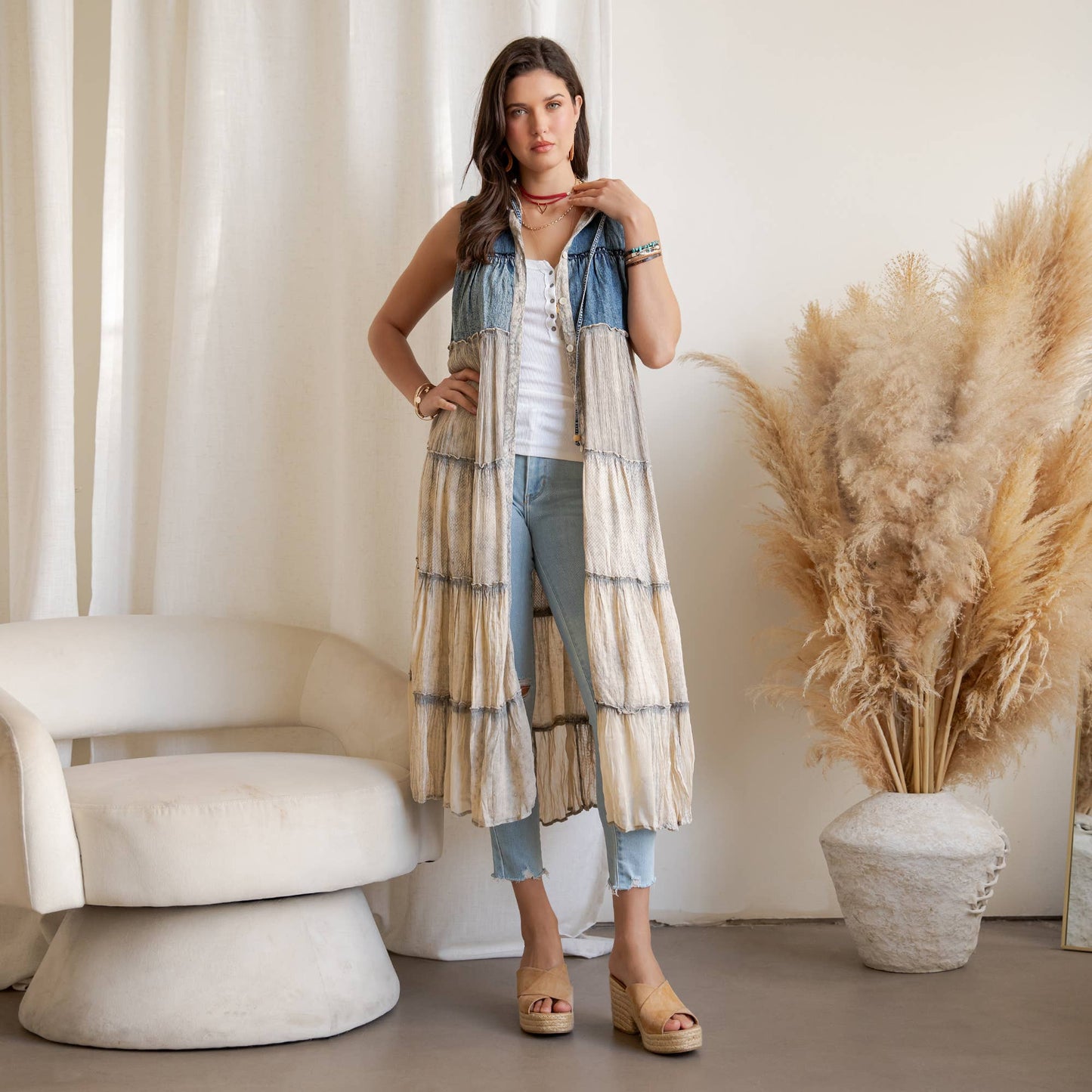 Boho Sleeveless Maxi Button-Front Duster With Hood NEW COLOR