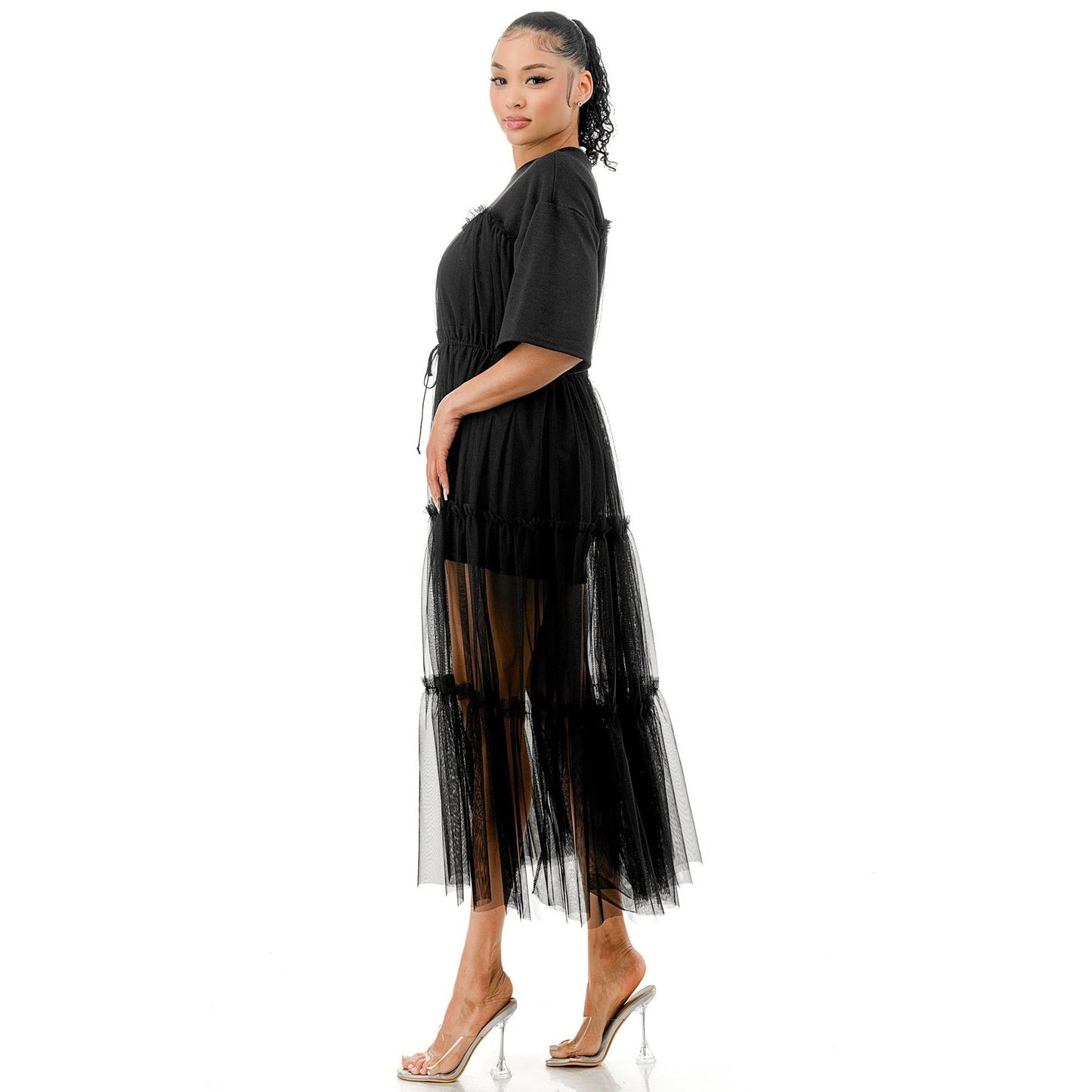 Tulle Overlay Midi T-Shirt Dress