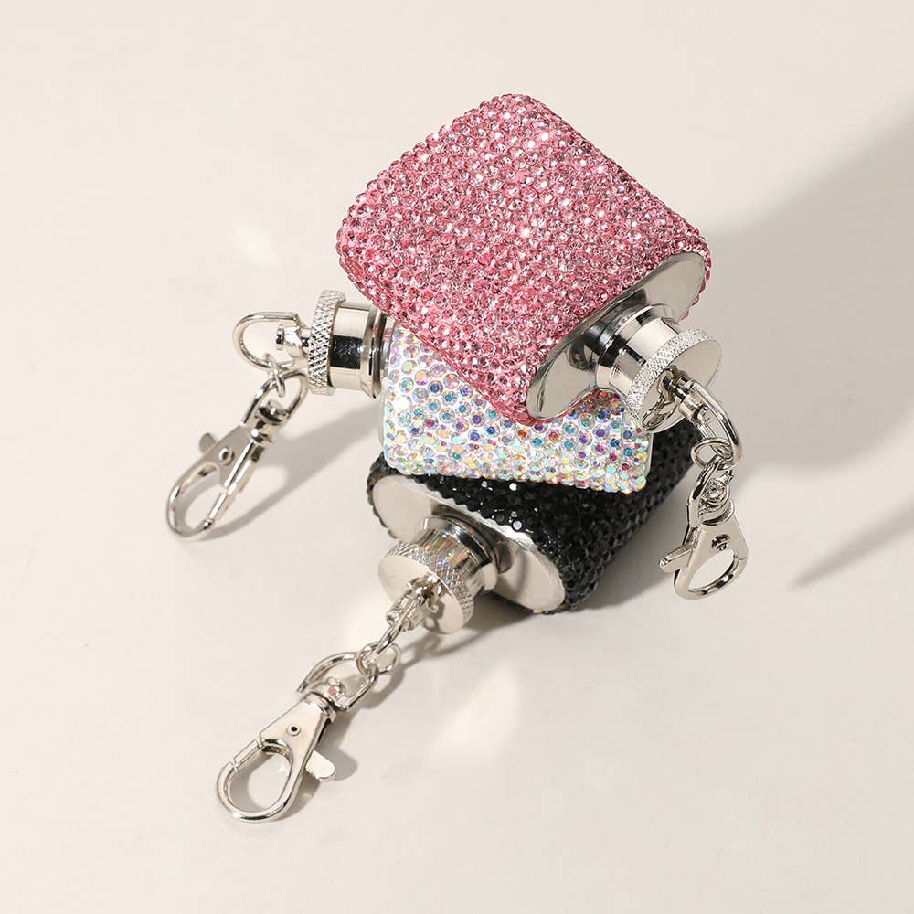 1oz Bling Studded Stainless Steel Mini Flask Keychain Charm