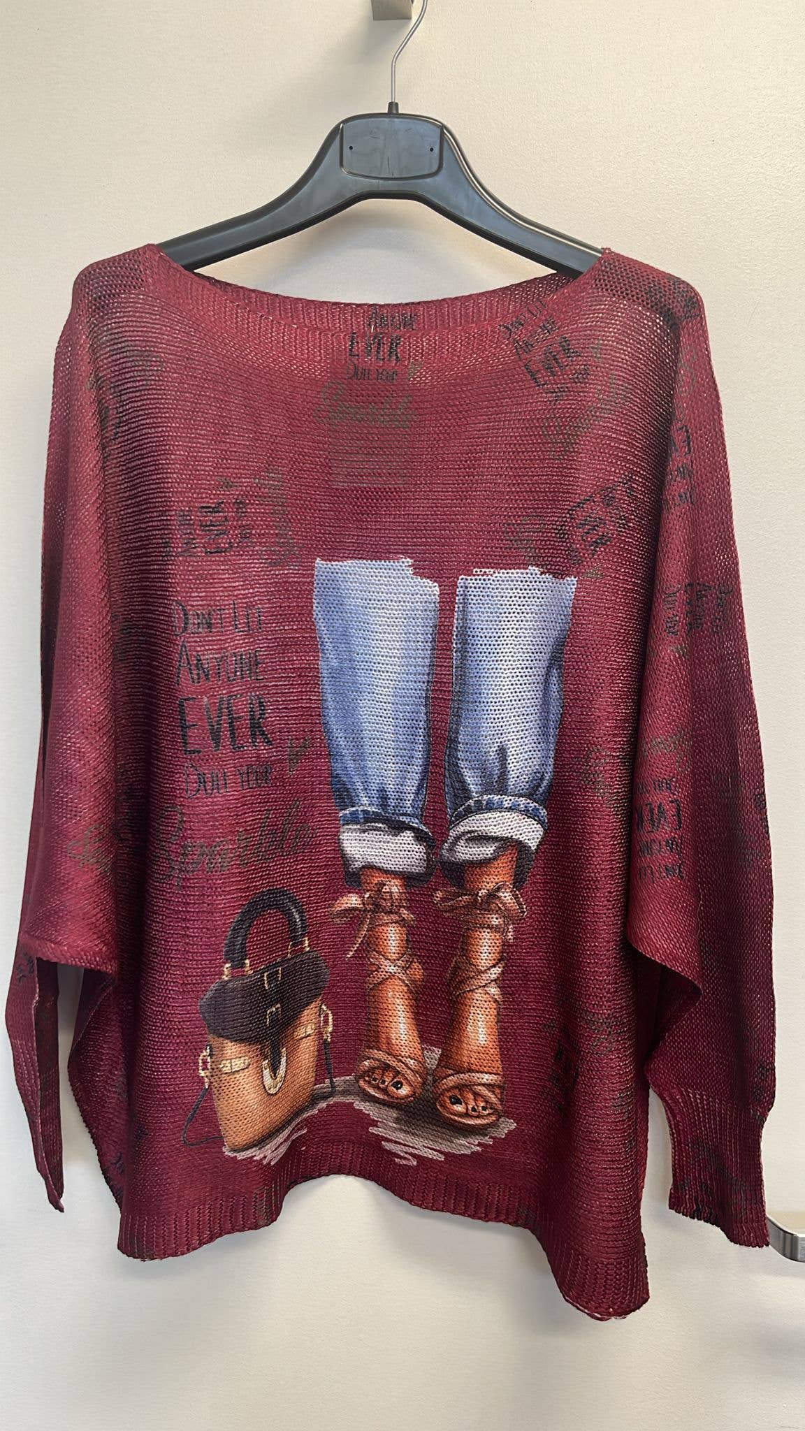 Burgundy Jeans Knit Printed Sweater LOOWIE