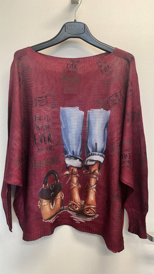 Burgundy Jeans Knit Printed Sweater LOOWIE