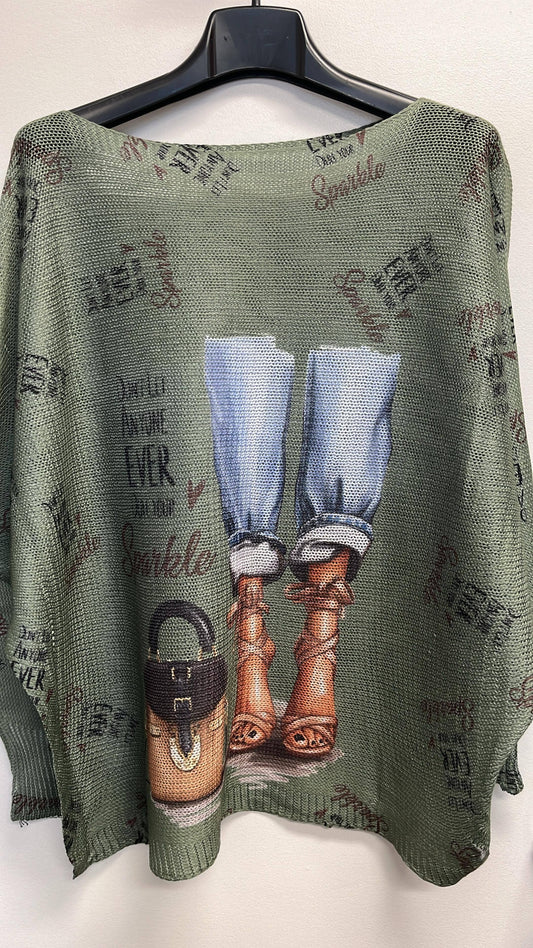 Olive Jeans Knit Printed Sweater LOOWIE